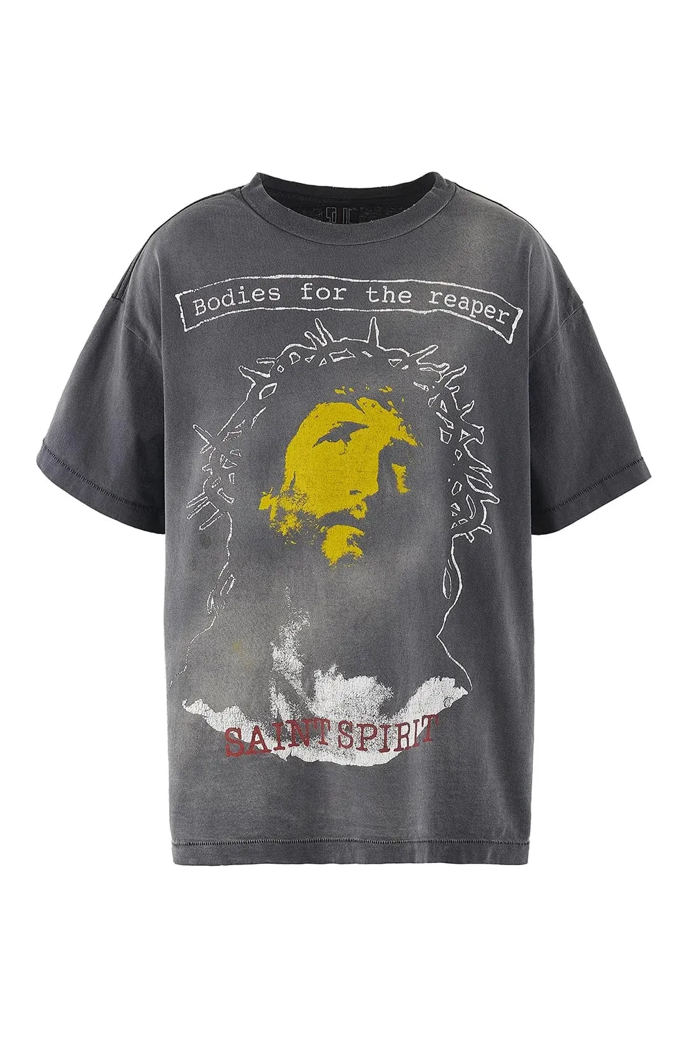 SAINT MICHAEL SS TEE/B FOR REAPER Jesus Hell's Angels Washed and Distressed Short Sleeves Washed Black S-XL Garment Dyed Printed Washed and Distressed